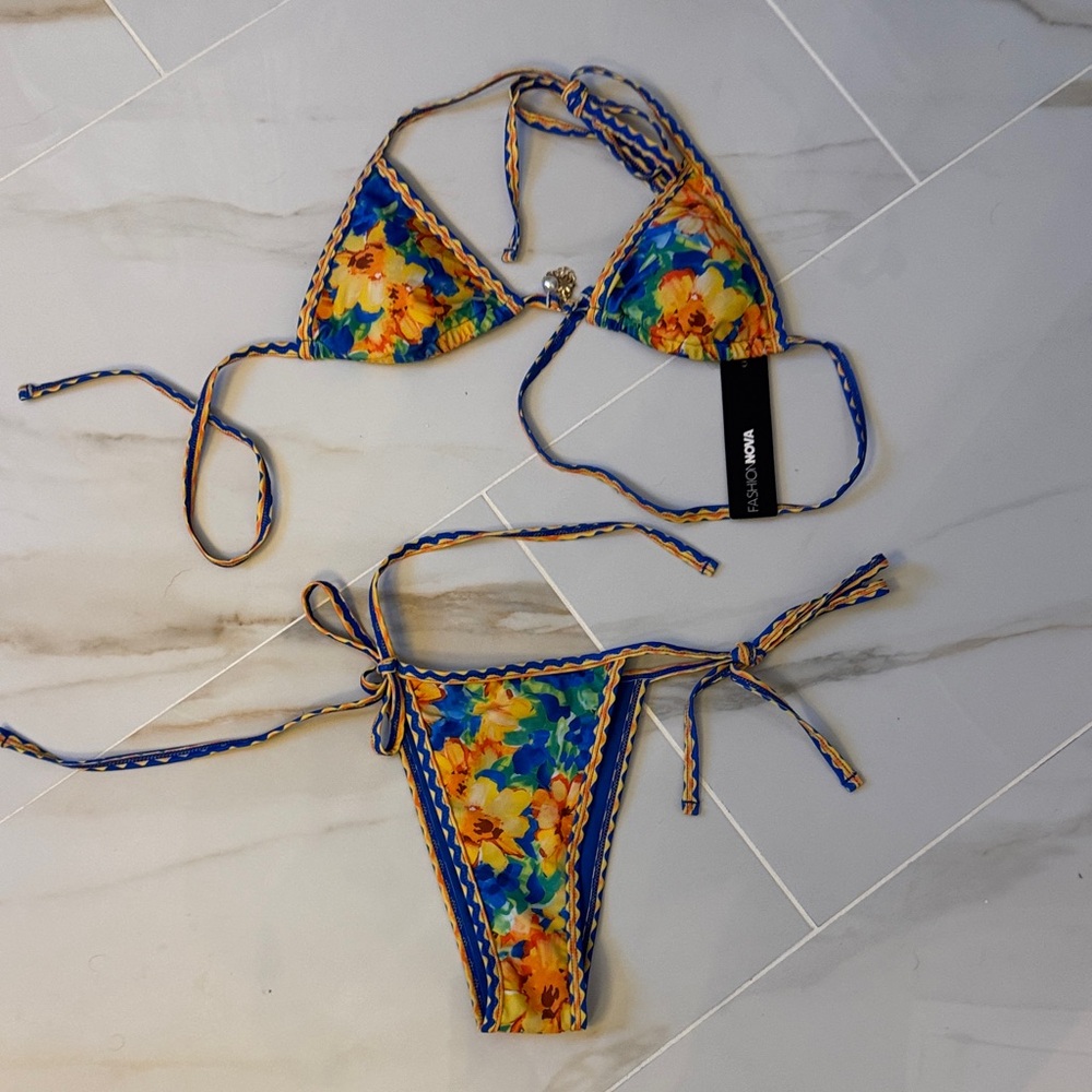 Fashion Nova Floral Bikini - Blue and Yellow